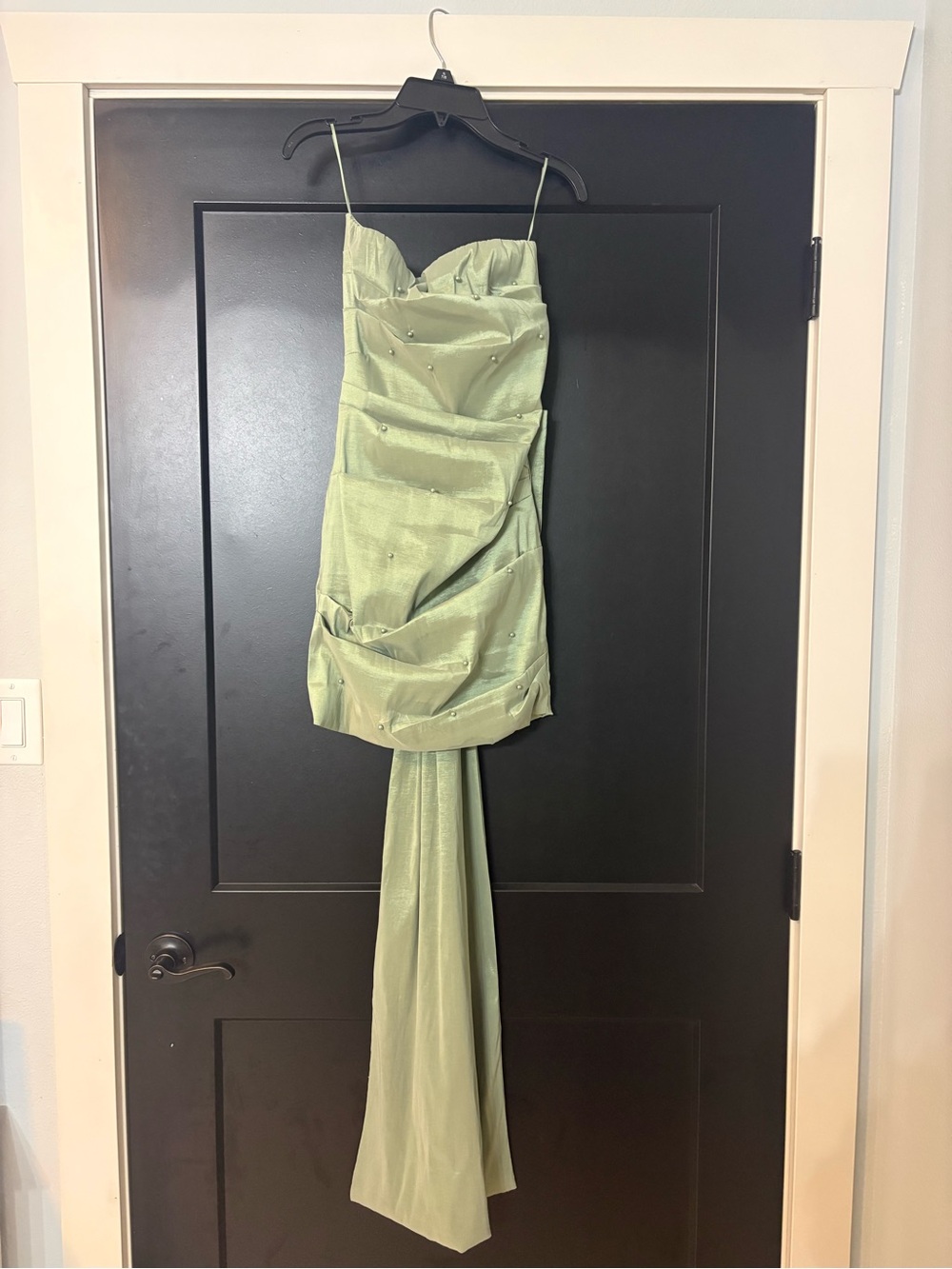 Strapless Mini Dress in Light Green with Bow Draped Train